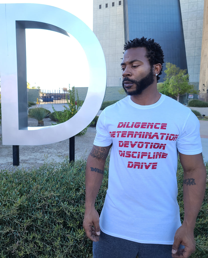 Principles White/Red T-Shirt Diligence Determination Devotion Discipline Drive  DFIVE